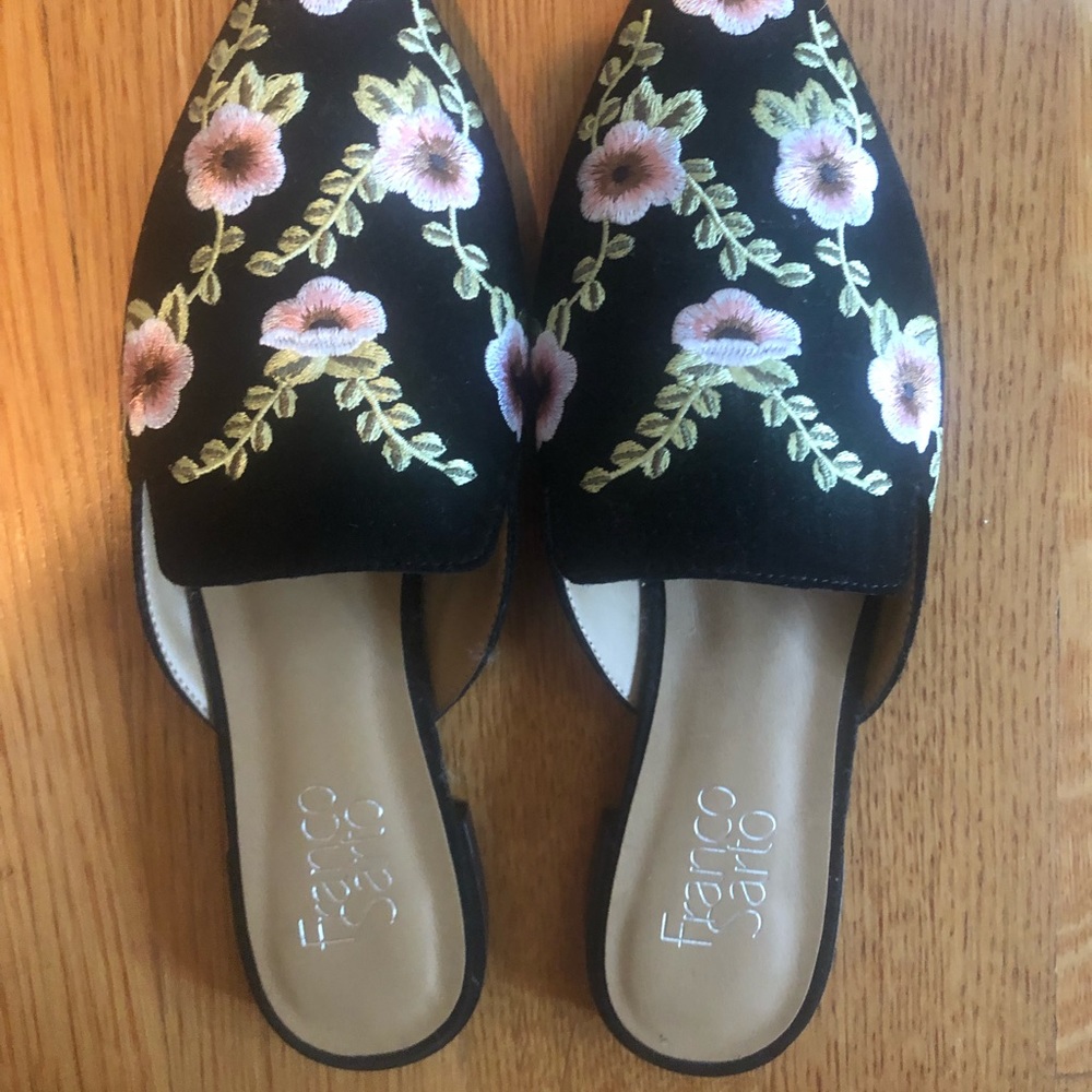 Franco Sarto Black Embroidered Mules - new